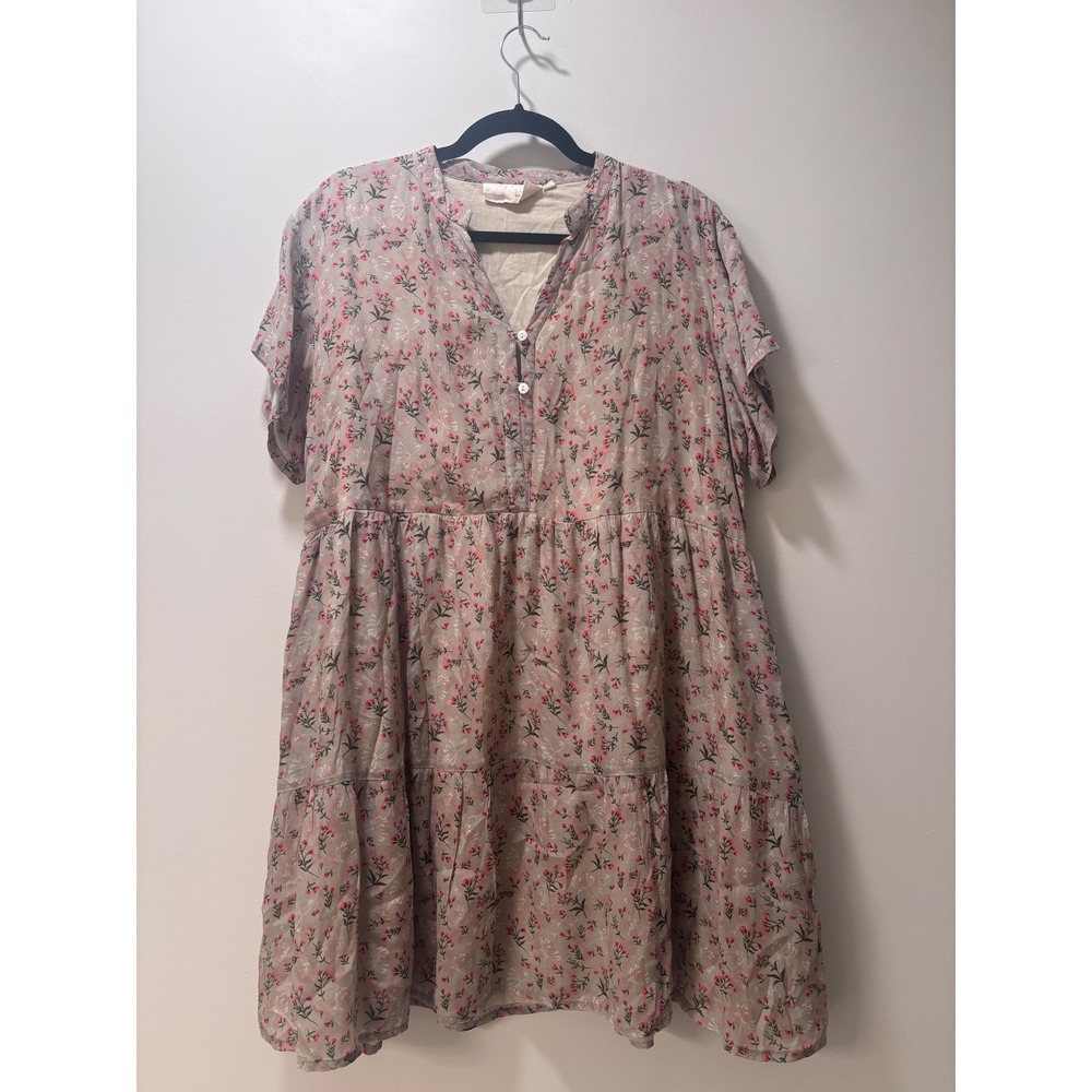 Reistor Womens XL Floral Tiered Babydoll Dress Grey Pink Short Sleeve V-Neck